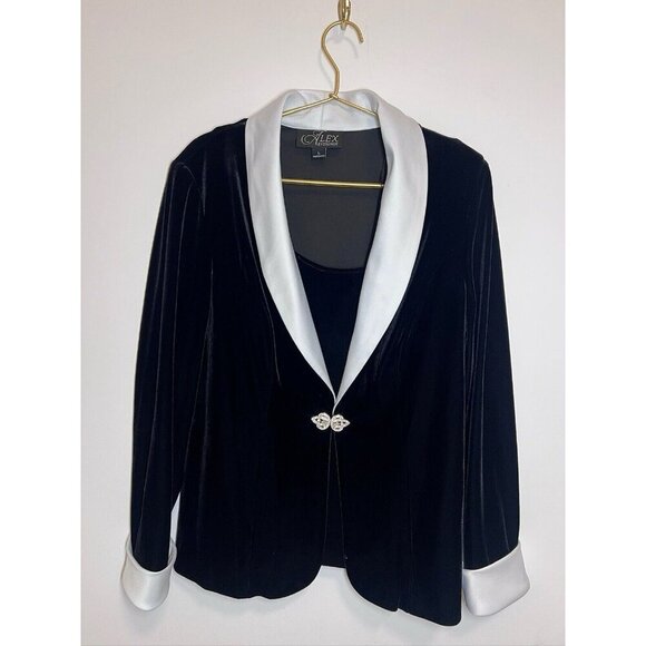 Alex Evenings Set Crystal Hook Front Satin Velvet Blazer Shirt Black Large - Picture 1 of 10